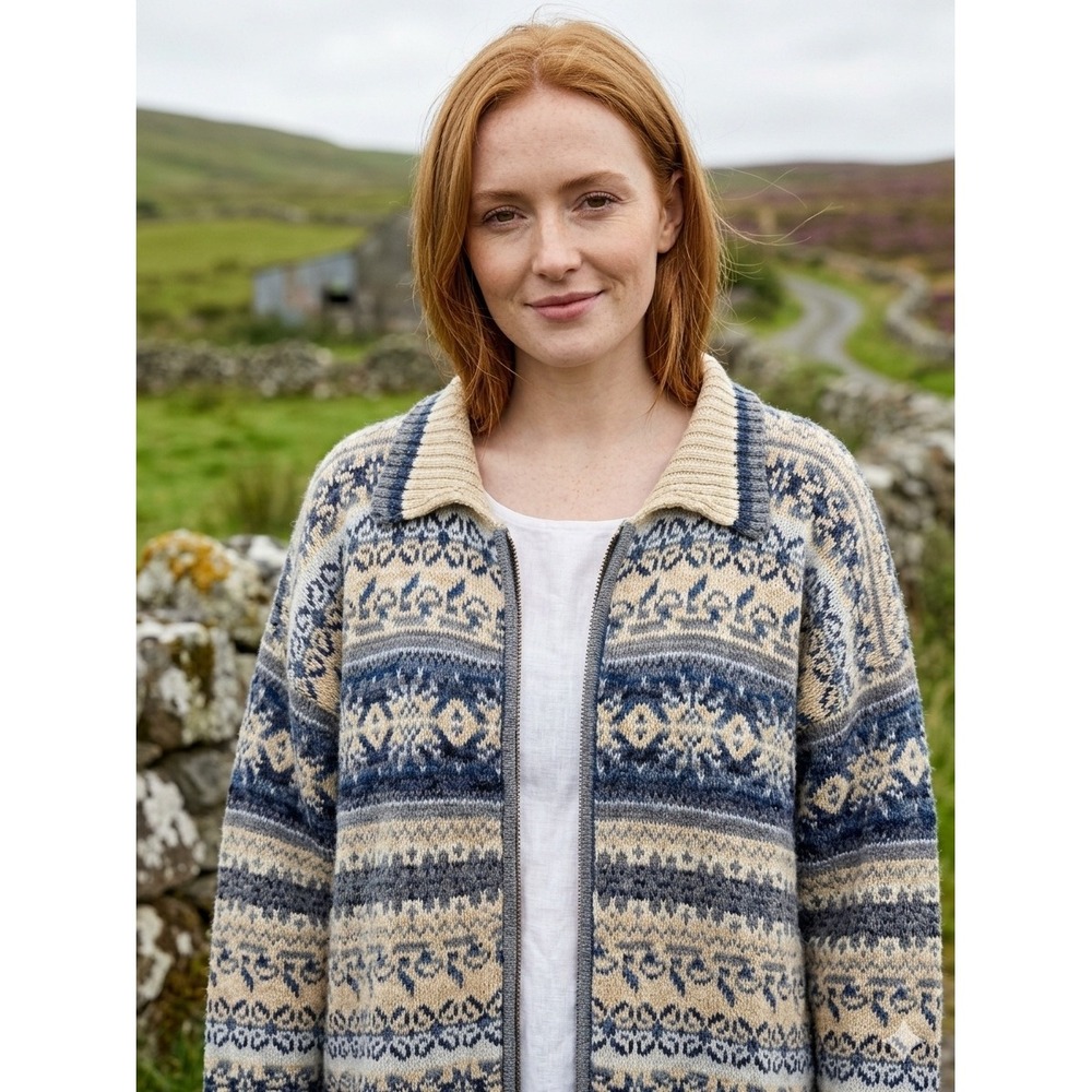 Heirloom Collectibles Fair Isle Zip Cardigan Sz 2X Blue Tan Vintage Grandmacore